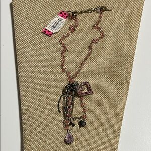 Betsey Johnson Pink beads gold tone Black Heart Charm 18”Necklace.  Adjust. NWT.